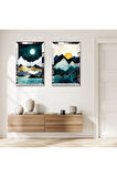 GÜMÜŞ AYNALI PLEKSİ ÇERÇEVELİ GECE SOYUT DAĞ MANZARALI MODERN İKİLİ MDF TABLO SETİ