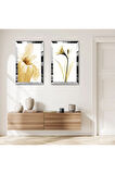 GÜMÜŞ AYNALI PLEKSİ ÇERÇEVELİ BEYAZ ARKA PLANLI GOLD ÇİÇEKLER İKİLİ MDF TABLO SETİ