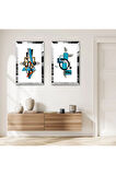 GÜMÜŞ AYNALI PLEKSİ ÇERÇEVELİ BEYA ARKA PLANLI MAVİ SOYUT DESENLER MODERN İKİLİ MDF TABLO SETİ