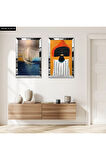 GÜMÜŞ AYNALI PLEKSİ ÇERÇEVELİ DENİZDE KAYIK MODERN İKİLİ MDF TABLO SETİ