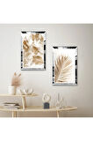 GÜMÜŞ AYNALI PLEKSİ ÇERÇEVELİ BEYAZ ARKA PLANLI GOLD ÇİÇEK MODERN İKİLİ MDF TABLO SETİ