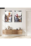 GÜMÜŞ AYNALI PLEKSİ ÇERÇEVELİ RENKLİ MODERN ÇİÇEKLER DEKORATİF İKİLİ MDF TABLO SETİ