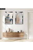 GÜMÜŞ AYNALI PLEKSİ ÇERÇEVELİ ÇİÇEK DESENLİ İKİLİ MDF TABLO SETİ