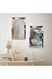 GÜMÜŞ AYNALI PLEKSİ ÇERÇEVELİ ÇİÇEK DESENLİ MODERN İKİLİ MDF TABLO SETİ