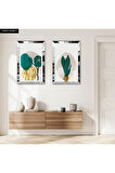GÜMÜŞ AYNALI PLEKSİ ÇERÇEVELİ BEYAZ ARKA PLANLI YEŞİL BİTKİ İKİLİ MDF TABLO SETİ