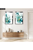 GÜMÜŞ AYNALI PLEKSİ ÇERÇEVELİ MODERN SU YEŞİLİ SOYUT DEKORATİF DESENLİ İKİLİ MDF TABLO SETİ