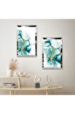 GÜMÜŞ AYNALI PLEKSİ ÇERÇEVELİ MODERN SU YEŞİLİ SOYUT DEKORATİF DESENLİ İKİLİ MDF TABLO SETİ