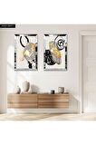 GÜMÜŞ AYNALI PLEKSİ ÇERÇEVELİ GOLD VE GRİ ŞEKİLLER DEKORATİF SOYUT ŞEKİLLER İKİLİ MDF TABLO SETİ