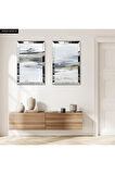 GÜMÜŞ AYNALI PLEKSİ ÇERÇEVELİ BEYAZ VE SİYAH KARIŞIMI ARKA PLANLI MODERN İKİLİ MDF TABLO SETİ