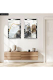 GÜMÜŞ AYNALI PLEKSİ ÇERÇEVELİ BEYAZ ARKA PLANLI SİYAH VE GOLD DESENLİ MODERN İKİLİ MDF TABLO SETİ