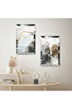 GÜMÜŞ AYNALI PLEKSİ ÇERÇEVELİ BEYAZ ARKA PLANLI SİYAH VE GOLD DESENLİ MODERN İKİLİ MDF TABLO SETİ
