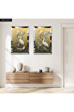 GÜMÜŞ AYNALI PLEKSİ ÇERÇEVELİ LEYLEKLER MODERN İKİLİ MDF TABLO SETİ
