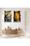 GÜMÜŞ AYNALI PLEKSİ ÇERÇEVELİ MAVİ ALTIN KUM DESENLERİ VE ALTIN SOYUT DESENLİ İKİLİ MDF TABLO SETİ