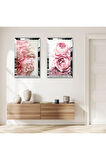 GÜMÜŞ AYNALI PLEKSİ ÇERÇEVELİ BEYAZ PEMBE GÜLLER VE ÇİÇEKLER İKİLİ MDF TABLO SETİ