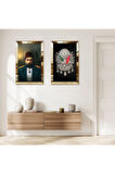 GOLD AYNALI PLEKSİ ÇERÇEVELİ PADİŞAH ABDÜLHAMİD VE OSMANLI TUĞRASI İKİLİ MDF TABLO SETİ