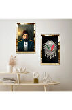GOLD AYNALI PLEKSİ ÇERÇEVELİ PADİŞAH ABDÜLHAMİD VE OSMANLI TUĞRASI İKİLİ MDF TABLO SETİ