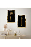 GOLD AYNALI PLEKSİ ÇERÇEVELİ SİYAH ARKA PLANLI ALTIN ELİF VE MİM HARFİ DİNİ İKİLİ MDF TABLO SETİ