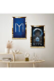 GOLD AYNALI PLEKSİ ÇERÇEVELİ MAVİ KAYIBOYU VE AY YILDIZ İKİLİ MDF TABLO SETİ