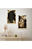 GOLD AYNALI PLEKSİ ÇERÇEVELİ GOLD YAPRAKLAR VE DİNİ AYET İKİLİ MDF TABLO SETİ