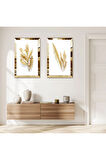 GOLD AYNALI PLEKSİ ÇERÇEVELİ BEYAZ ARKA PLANLI GOLD ÇİÇEK İKİLİ MDF TABLO SETİ