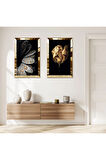 GOLD AYNALI PLEKSİ ÇERÇEVELİ GOLD VE GRİ ÇİÇEK VE GOLD SU DAMLACIĞI İKİLİ MDF TABLO SETİ