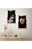 GOLD AYNALI PLEKSİ ÇERÇEVELİ GOLD VE GRİ ÇİÇEK VE GOLD SU DAMLACIĞI İKİLİ MDF TABLO SETİ