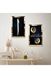 GOLD AYNALI PLEKSİ ÇERÇEVELİ SİYAH ARKA PLANLI ELİFLAMMİM İKİLİ MDF TABLO SETİ