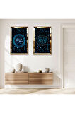 GOLD AYNALI PLEKSİ ÇERÇEVELİ MAVİ MUHAMMET LAFZI VE ARAPÇA YAZI DİNİ İKİLİ MDF TABLO SETİ