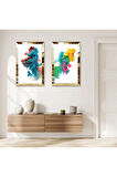GOLD AYNALI PLEKSİ ÇERÇEVELİ BEYAZ ARKA PLANLI RENKLİ SOYUT DUMAMLAR İKİLİ MDF TABLO SETİ