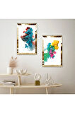 GOLD AYNALI PLEKSİ ÇERÇEVELİ BEYAZ ARKA PLANLI RENKLİ SOYUT DUMAMLAR İKİLİ MDF TABLO SETİ