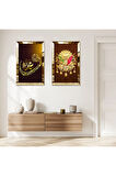 GOLD AYNALI PLEKSİ ÇERÇEVELİ GOLD VAV HARFİ VE OSMANLI TUĞRASI İKİLİ MDF TABLO SETİ