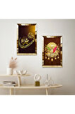 GOLD AYNALI PLEKSİ ÇERÇEVELİ GOLD VAV HARFİ VE OSMANLI TUĞRASI İKİLİ MDF TABLO SETİ