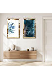 GOLD AYNALI PLEKSİ ÇERÇEVELİ BEYAZ ARKA PLANLI MAVİ ÇİÇEK İKİLİ MDF TABLO SETİ