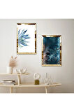 GOLD AYNALI PLEKSİ ÇERÇEVELİ BEYAZ ARKA PLANLI MAVİ ÇİÇEK İKİLİ MDF TABLO SETİ