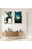 GOLD AYNALI PLEKSİ ÇERÇEVELİ BAYAZ ARKA PLANLI YEŞİL ÇİÇEKLER İKİLİ MDF TABLO SETİ
