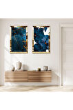 GOLD AYNALI PLEKSİ ÇERÇEVELİ BEYAZ ARKA PLANLI MAVİ SOYUT YAPRAKLAR İKİLİ MDF TABLO SETİ