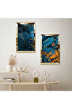 GOLD AYNALI PLEKSİ ÇERÇEVELİ BEYAZ ARKA PLANLI MAVİ SARI ÇİÇEKLER İKİLİ MDF TABLO SETİ