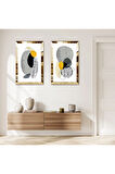 GOLD AYNALI PLEKSİ ÇERÇEVELİ BEYAZ ARKA PLANLI RENKLİ SOYUT MİNİMALİST ŞEKİLLER İKİLİ MDF TABLO SETİ