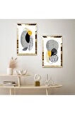 GOLD AYNALI PLEKSİ ÇERÇEVELİ BEYAZ ARKA PLANLI RENKLİ SOYUT MİNİMALİST ŞEKİLLER İKİLİ MDF TABLO SETİ