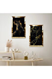 GOLD AYNALI PLEKSİ ÇERÇEVELİ SİYAH BEYAZ ARKA PLANLI SOYUT GOLD ŞEKİLLER İKİLİ MDF TABLO SETİ