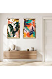 GOLD AYNALI PLEKSİ ÇERÇEVELİ BEYAZ ARKA PLANLI RENKLİ SOYUT MODERN ŞEKİLLER İKİLİ MDF TABLO SETİ