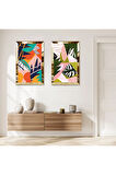 GOLD AYNALI PLEKSİ ÇERÇEVELİ BEYAZ ARKA PLANLI RENKLİ SOYUT ŞEKİLLER İKİLİ MDF TABLO SETİ