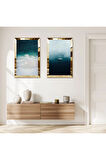 GOLD AYNALI PLEKSİ ÇERÇEVELİ SOYUT DENİZ MAZNZARASI İKİLİ MDF TABLO SETİ