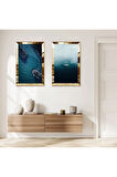 GOLD AYNALI PLEKSİ ÇERÇEVELİ DENİZ MAZNZARASI İKİLİ MDF TABLO SETİ
