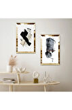 GOLD AYNALI PLEKSİ ÇERÇEVELİ BEYAZ ARKA PLANLI SOYUT MODERN ŞEKİLLER DEKORATİF İKİLİ MDF TABLO SETİ