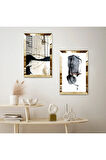GOLD AYNALI PLEKSİ ÇERÇEVELİ BEYAZ ARKA PLANLI SOYUT SİYAH ŞEKİLLER İKİLİ MDF TABLO SETİ