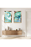 GOLD AYNALI PLEKSİ ÇERÇEVELİ BEYAZ ARKA PLANLI SU YEŞİLİ DALGALAR İKİLİ MDF TABLO SETİ