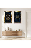GOLD AYNALI PLEKSİ ÇERÇEVELİ SİYAH ARKA PLANLI MODERN MAVİ IŞILTILI DİNİ İKİLİ MDF TABLO SETİ