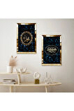 GOLD AYNALI PLEKSİ ÇERÇEVELİ SİYAH ARKA PLANLI MODERN MAVİ IŞILTILI DİNİ İKİLİ MDF TABLO SETİ