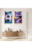 GOLD AYNALI PLEKSİ ÇERÇEVELİ DENİZDE MODERN AĞAÇ MANZARASI İKİLİ MDF TABLO SETİ